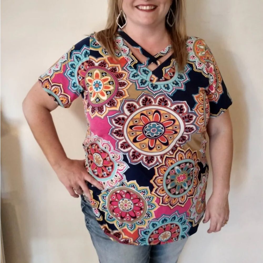 Heimish USA short sleeve criss cross vneck medallion print top